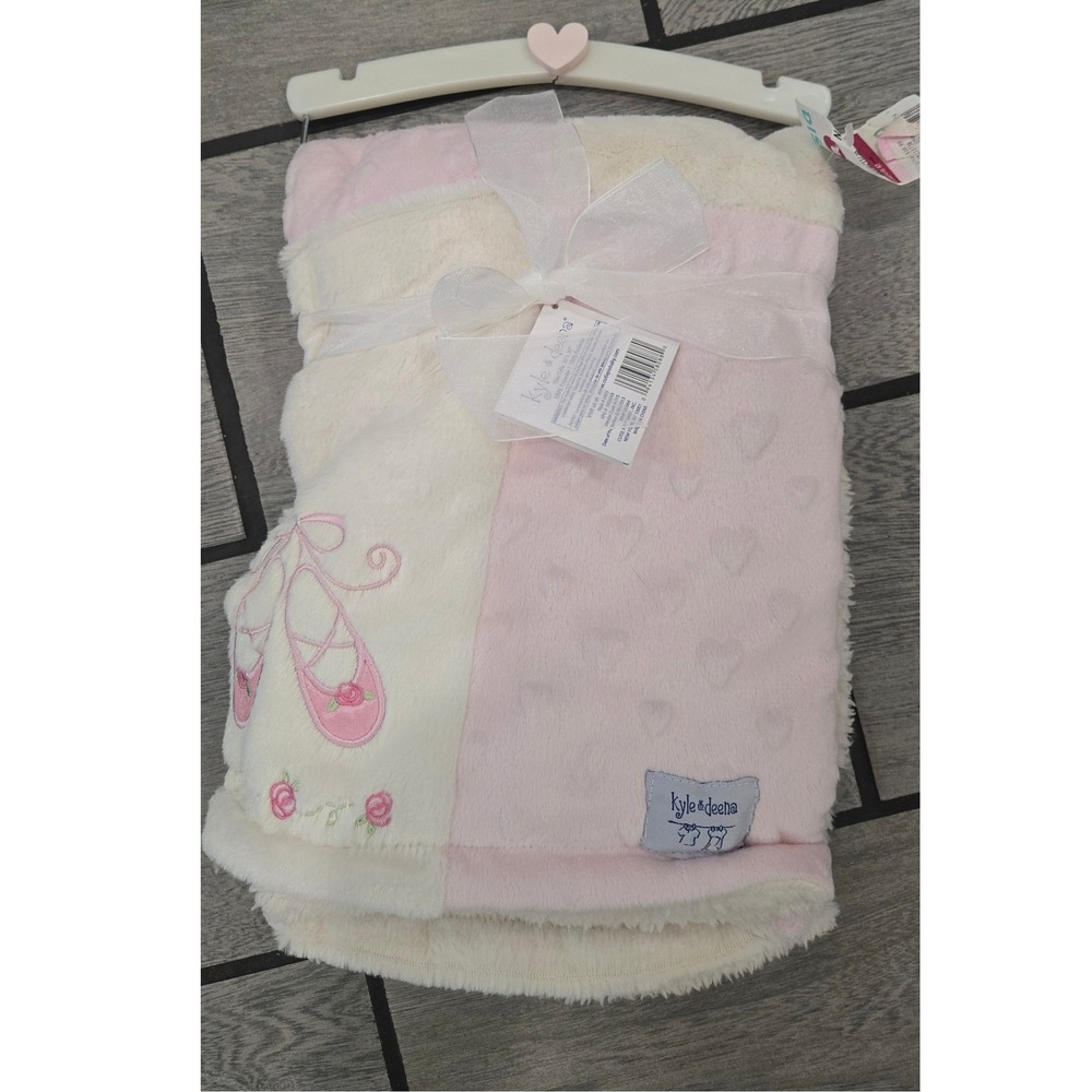 Kyle & Deena Baby Blanket Pink Cream Ballet Slipper Embroidered Plush 30x30 NWT